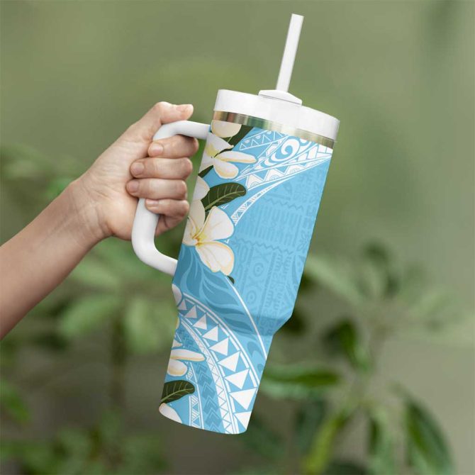 Aloha Hawaii Festive Frangipani Lace Classic Turquoise Custom Stanley Quencher 40Oz Stainless Steel Tumbler With Handle - Image 3