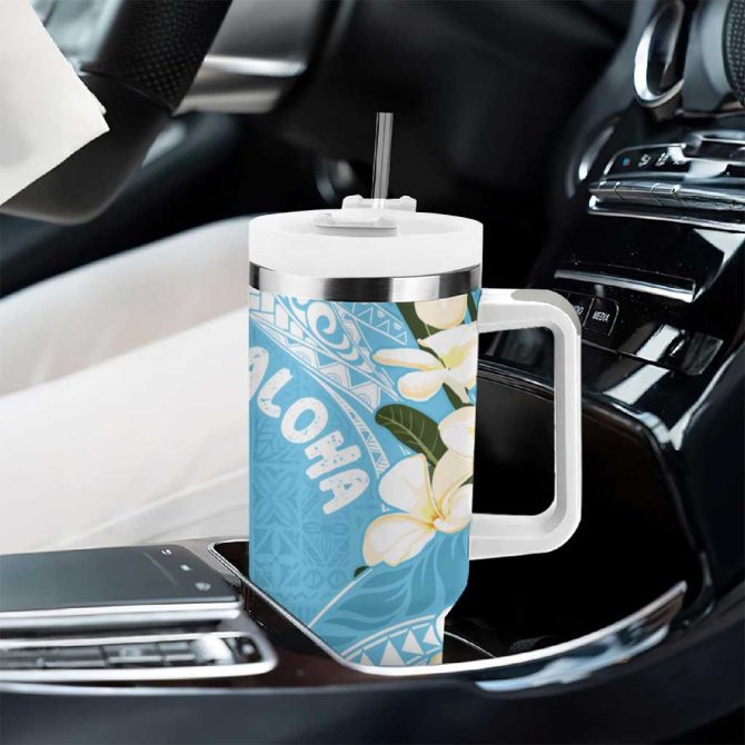 Aloha Hawaii Festive Frangipani Lace Classic Turquoise Custom Stanley Quencher 40Oz Stainless Steel Tumbler With Handle - Image 8