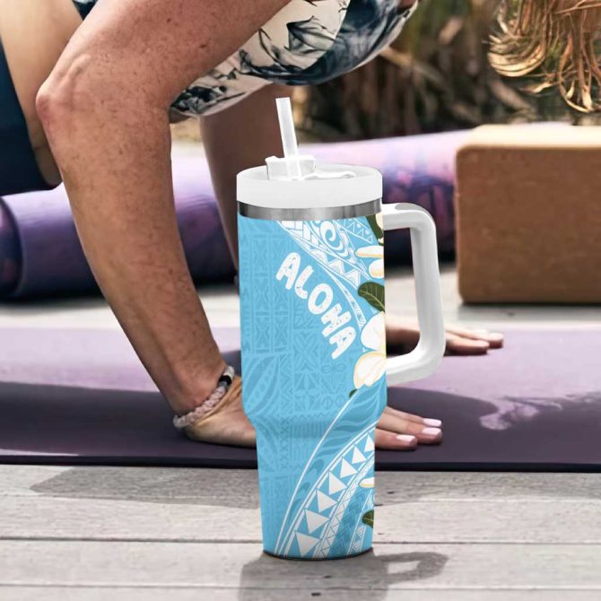 Aloha Hawaii Festive Frangipani Lace Classic Turquoise Custom Stanley Quencher 40Oz Stainless Steel Tumbler With Handle - Image 6