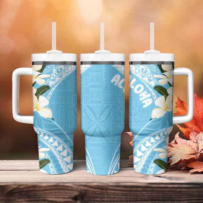 Aloha Hawaii Festive Frangipani Lace Classic Turquoise Custom Stanley Quencher 40Oz Stainless Steel Tumbler With Handle - Image 4