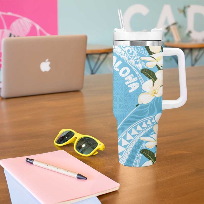 Aloha Hawaii Festive Frangipani Lace Classic Turquoise Custom Stanley Quencher 40Oz Stainless Steel Tumbler With Handle - Image 5