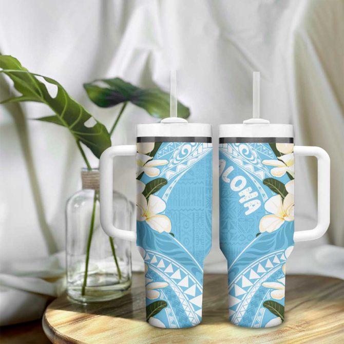 Aloha Hawaii Festive Frangipani Lace Classic Turquoise Custom Stanley Quencher 40Oz Stainless Steel Tumbler With Handle - Image 9