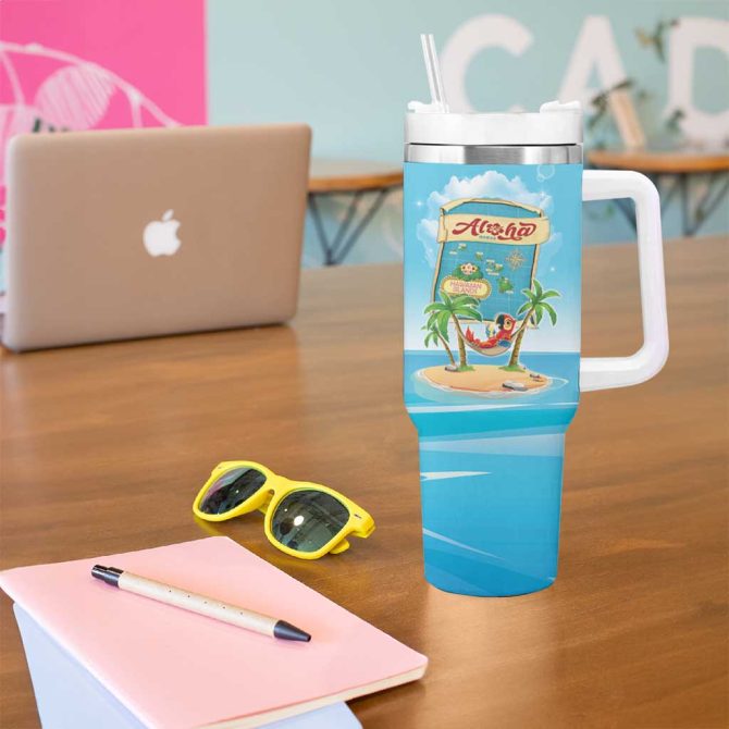 Aloha Hawaii Funny Macaw Parrot Tropical Custom Stanley Quencher 40Oz Stainless Steel Tumbler With Handle - Image 5