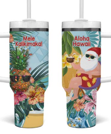 Aloha Hawaii Mele Kalikimaka Chilling Santa With Pineapple Polynesian Custom Stanley Quencher 40Oz Stainless Steel Tumbler With Handle