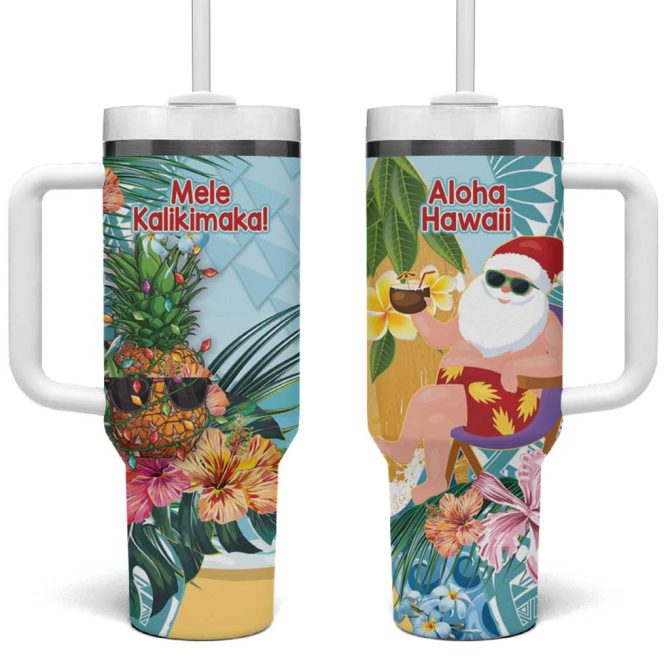Aloha Hawaii Mele Kalikimaka Chilling Santa With Pineapple Polynesian Custom Stanley Quencher 40Oz Stainless Steel Tumbler With Handle