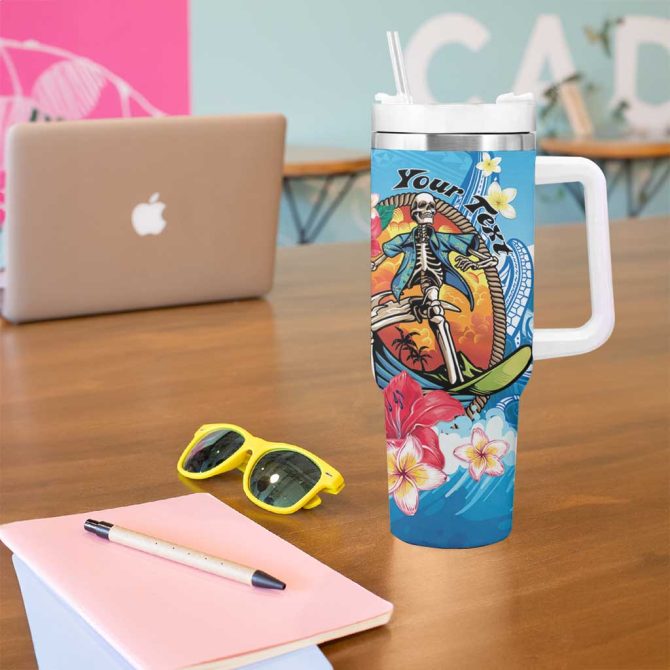 Aloha Hawaii Skeleton Surfing Tribal Shark Plumeria Custom Stanley Quencher 40Oz Stainless Steel Tumbler With Handle - Image 5