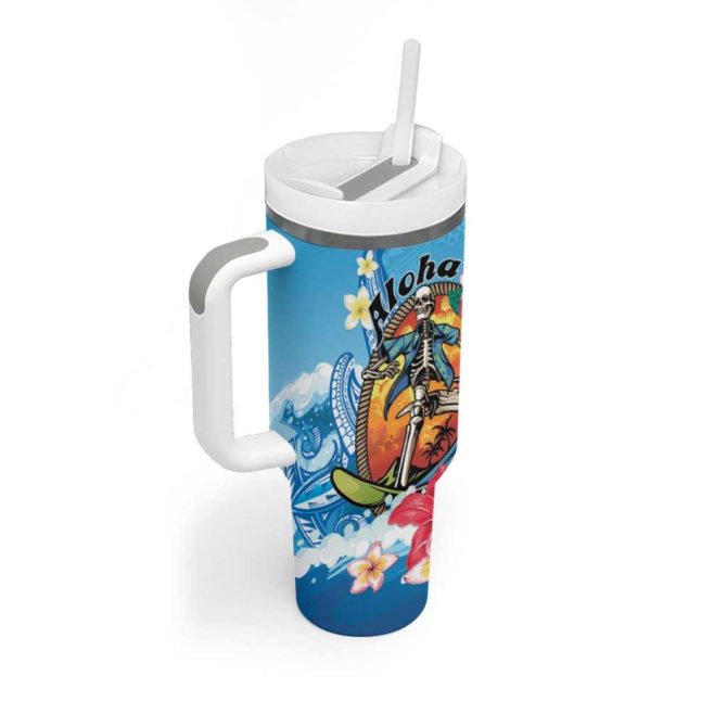 Aloha Hawaii Skeleton Surfing Tribal Shark Plumeria Custom Stanley Quencher 40Oz Stainless Steel Tumbler With Handle - Image 2
