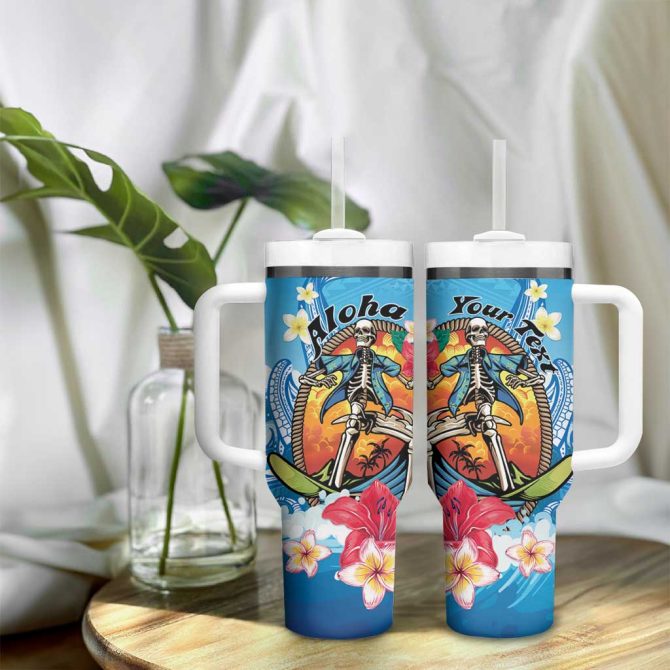 Aloha Hawaii Skeleton Surfing Tribal Shark Plumeria Custom Stanley Quencher 40Oz Stainless Steel Tumbler With Handle - Image 9
