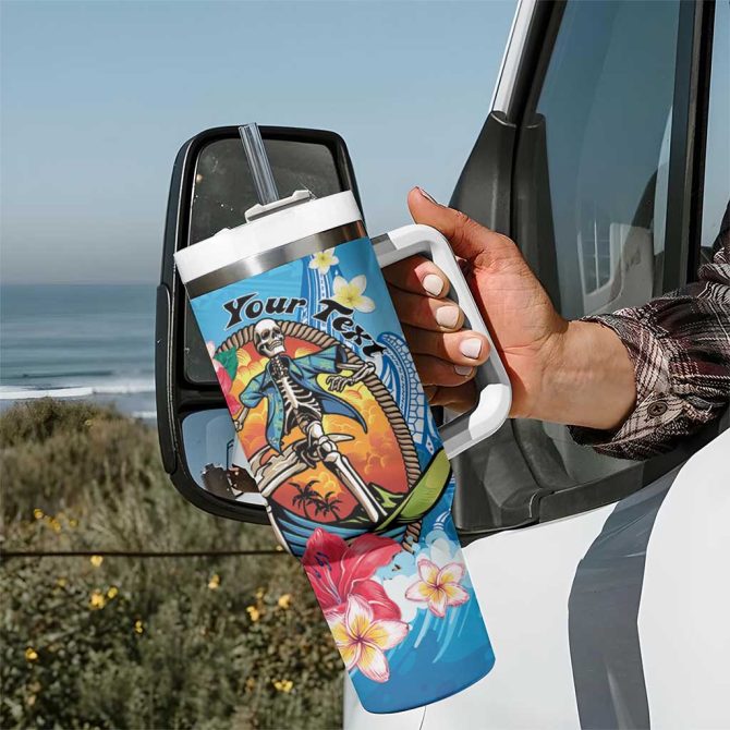Aloha Hawaii Skeleton Surfing Tribal Shark Plumeria Custom Stanley Quencher 40Oz Stainless Steel Tumbler With Handle - Image 7