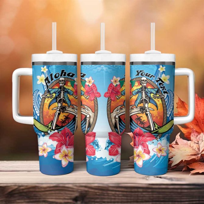 Aloha Hawaii Skeleton Surfing Tribal Shark Plumeria Custom Stanley Quencher 40Oz Stainless Steel Tumbler With Handle - Image 4