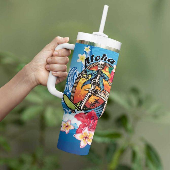 Aloha Hawaii Skeleton Surfing Tribal Shark Plumeria Custom Stanley Quencher 40Oz Stainless Steel Tumbler With Handle - Image 3