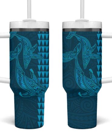 Aloha Hawaii Whale Kakau And Polynesian Tattoo Light Blue Color Custom Stanley Quencher 40Oz Stainless Steel Tumbler With Handle