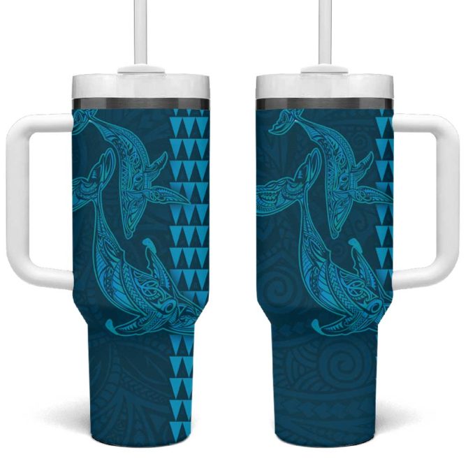 Aloha Hawaii Whale Kakau And Polynesian Tattoo Light Blue Color Custom Stanley Quencher 40Oz Stainless Steel Tumbler With Handle