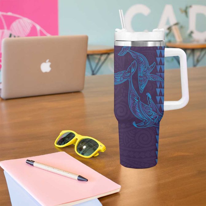 Aloha Hawaii Whale Kakau And Polynesian Tattoo Purple Color Custom Stanley Quencher 40Oz Stainless Steel Tumbler With Handle - Image 5