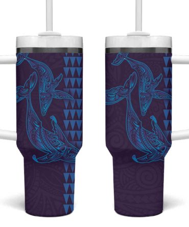 Aloha Hawaii Whale Kakau And Polynesian Tattoo Purple Color Custom Stanley Quencher 40Oz Stainless Steel Tumbler With Handle