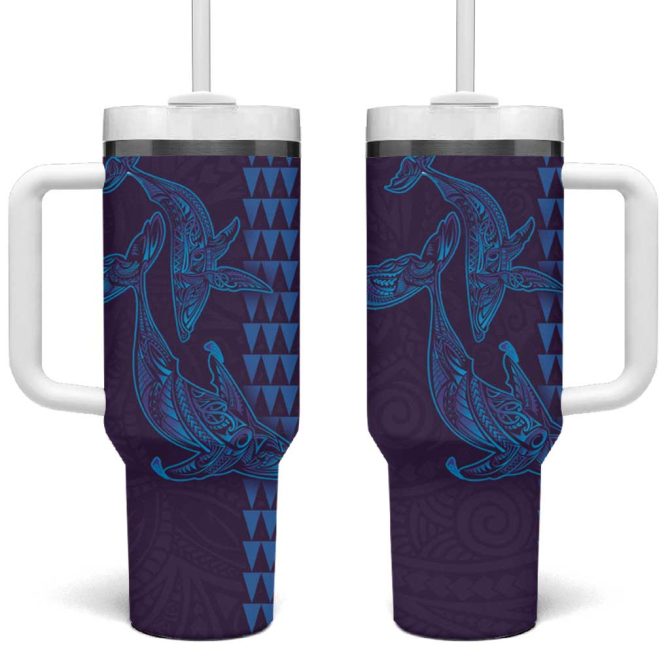 Aloha Hawaii Whale Kakau And Polynesian Tattoo Purple Color Custom Stanley Quencher 40Oz Stainless Steel Tumbler With Handle
