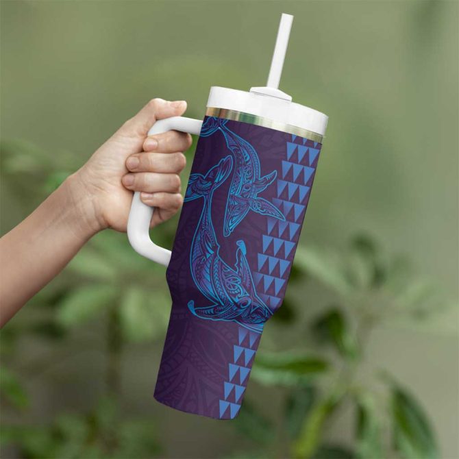 Aloha Hawaii Whale Kakau And Polynesian Tattoo Purple Color Custom Stanley Quencher 40Oz Stainless Steel Tumbler With Handle - Image 3