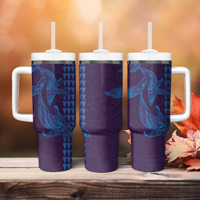 Aloha Hawaii Whale Kakau And Polynesian Tattoo Purple Color Custom Stanley Quencher 40Oz Stainless Steel Tumbler With Handle - Image 4