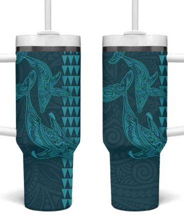 Aloha Hawaii Whale Kakau And Polynesian Tattoo Turquoise Color Custom Stanley Quencher 40Oz Stainless Steel Tumbler With Handle