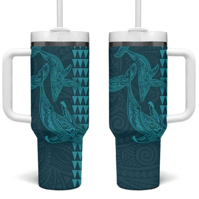 Aloha Hawaii Whale Kakau And Polynesian Tattoo Turquoise Color Custom Stanley Quencher 40Oz Stainless Steel Tumbler With Handle