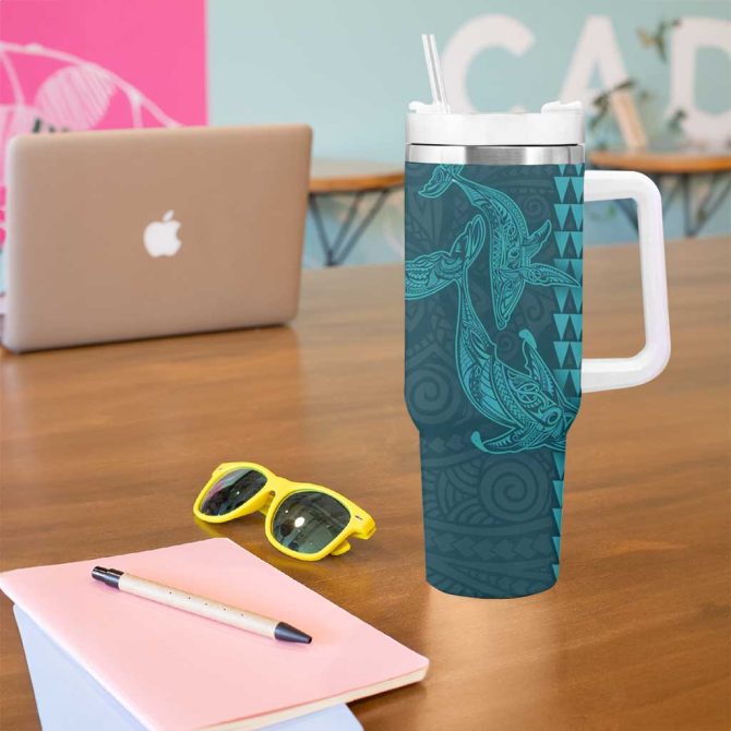 Aloha Hawaii Whale Kakau And Polynesian Tattoo Turquoise Color Custom Stanley Quencher 40Oz Stainless Steel Tumbler With Handle - Image 5