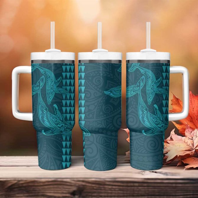 Aloha Hawaii Whale Kakau And Polynesian Tattoo Turquoise Color Custom Stanley Quencher 40Oz Stainless Steel Tumbler With Handle - Image 4