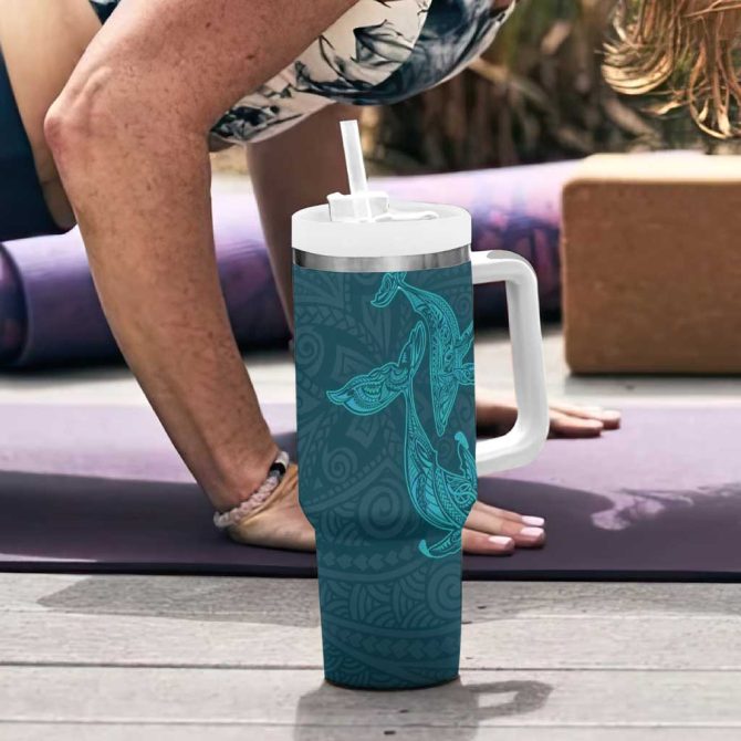 Aloha Hawaii Whale Kakau And Polynesian Tattoo Turquoise Color Custom Stanley Quencher 40Oz Stainless Steel Tumbler With Handle - Image 6