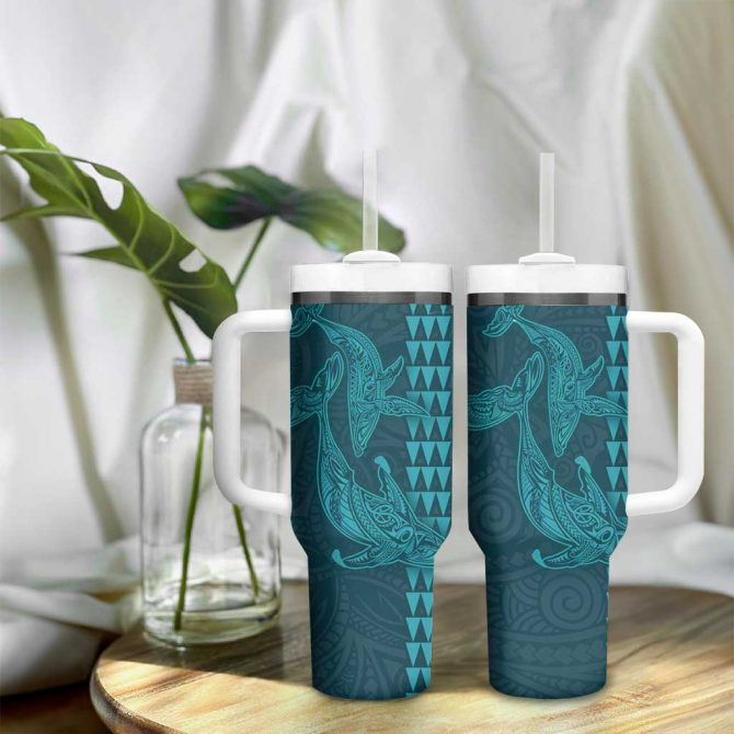 Aloha Hawaii Whale Kakau And Polynesian Tattoo Turquoise Color Custom Stanley Quencher 40Oz Stainless Steel Tumbler With Handle - Image 9