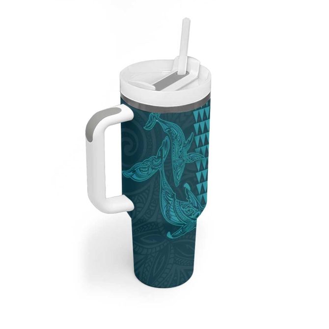 Aloha Hawaii Whale Kakau And Polynesian Tattoo Turquoise Color Custom Stanley Quencher 40Oz Stainless Steel Tumbler With Handle - Image 2