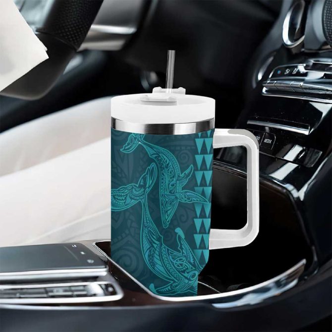 Aloha Hawaii Whale Kakau And Polynesian Tattoo Turquoise Color Custom Stanley Quencher 40Oz Stainless Steel Tumbler With Handle - Image 8