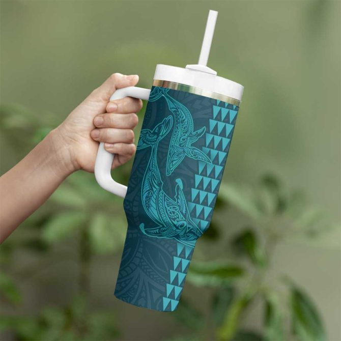 Aloha Hawaii Whale Kakau And Polynesian Tattoo Turquoise Color Custom Stanley Quencher 40Oz Stainless Steel Tumbler With Handle - Image 3