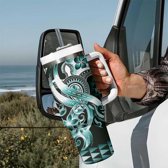 Aloha Turquoise Tribal Honu Tattoo Custom Stanley Quencher 40Oz Stainless Steel Tumbler With Handle - Image 7