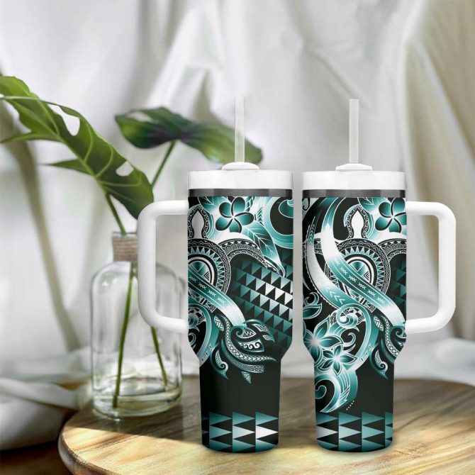 Aloha Turquoise Tribal Honu Tattoo Custom Stanley Quencher 40Oz Stainless Steel Tumbler With Handle - Image 9