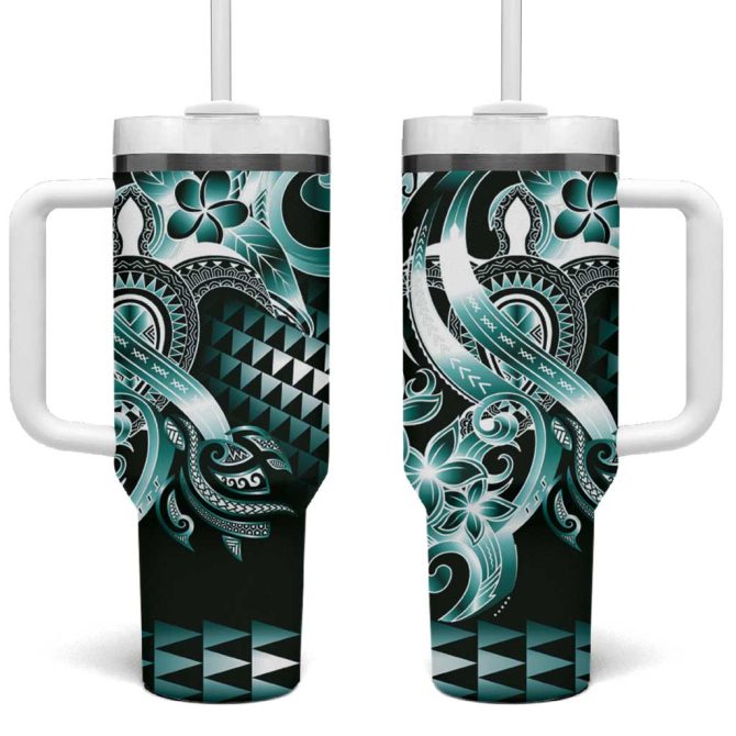 Aloha Turquoise Tribal Honu Tattoo Custom Stanley Quencher 40Oz Stainless Steel Tumbler With Handle