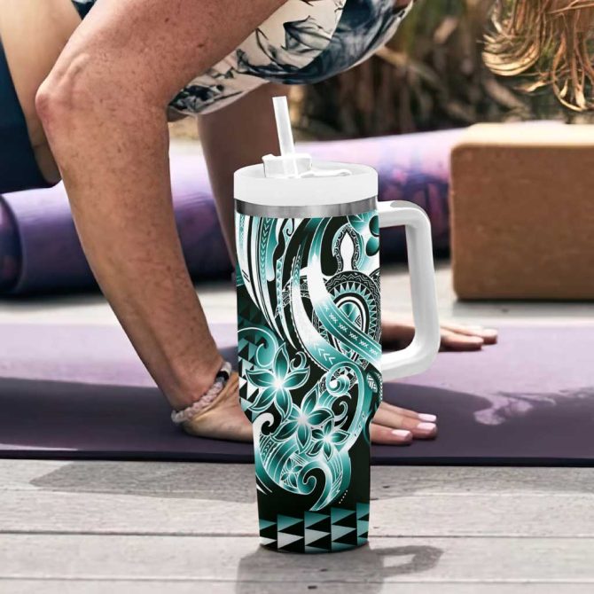 Aloha Turquoise Tribal Honu Tattoo Custom Stanley Quencher 40Oz Stainless Steel Tumbler With Handle - Image 6