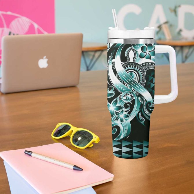 Aloha Turquoise Tribal Honu Tattoo Custom Stanley Quencher 40Oz Stainless Steel Tumbler With Handle - Image 5