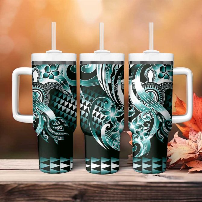 Aloha Turquoise Tribal Honu Tattoo Custom Stanley Quencher 40Oz Stainless Steel Tumbler With Handle - Image 4