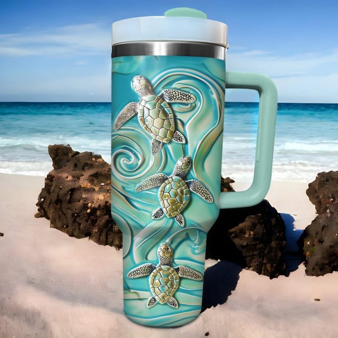 Amazing 3D Baby Turtles Custom Stanley Quencher 40Oz Stainless Steel Tumbler With Handle - Image 2