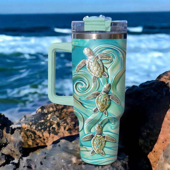 Amazing 3D Baby Turtles Custom Stanley Quencher 40Oz Stainless Steel Tumbler With Handle