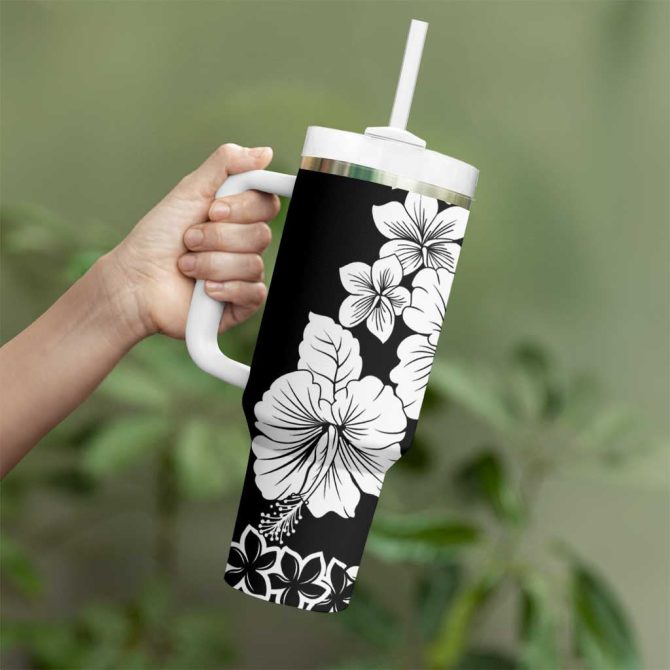 American Samoa Lotu Tamaiti White Sunday Plumeria Black Custom Stanley Quencher 40Oz Stainless Steel Tumbler With Handle - Image 3