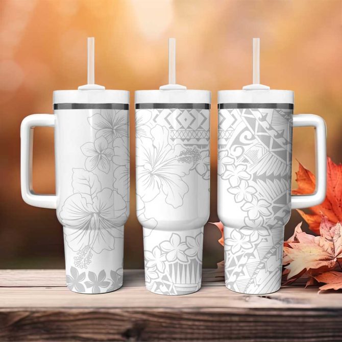 American Samoa Lotu Tamaiti White Sunday Plumeria White Custom Stanley Quencher 40Oz Stainless Steel Tumbler With Handle - Image 4