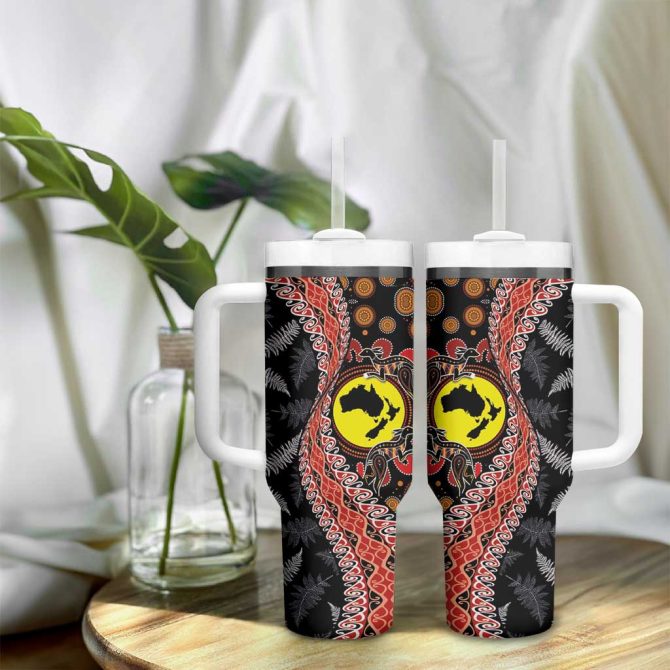 Aotearoa And Australia Maori Koru Ferns With Aboriginal Kangaroo Custom Stanley Quencher 40Oz Stainless Steel Tumbler With Handle - Image 9