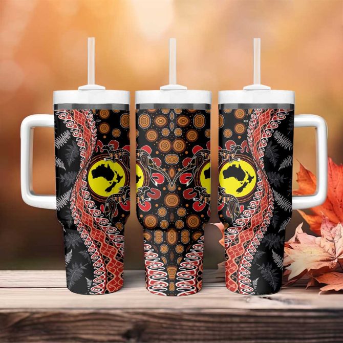 Aotearoa And Australia Maori Koru Ferns With Aboriginal Kangaroo Custom Stanley Quencher 40Oz Stainless Steel Tumbler With Handle - Image 4