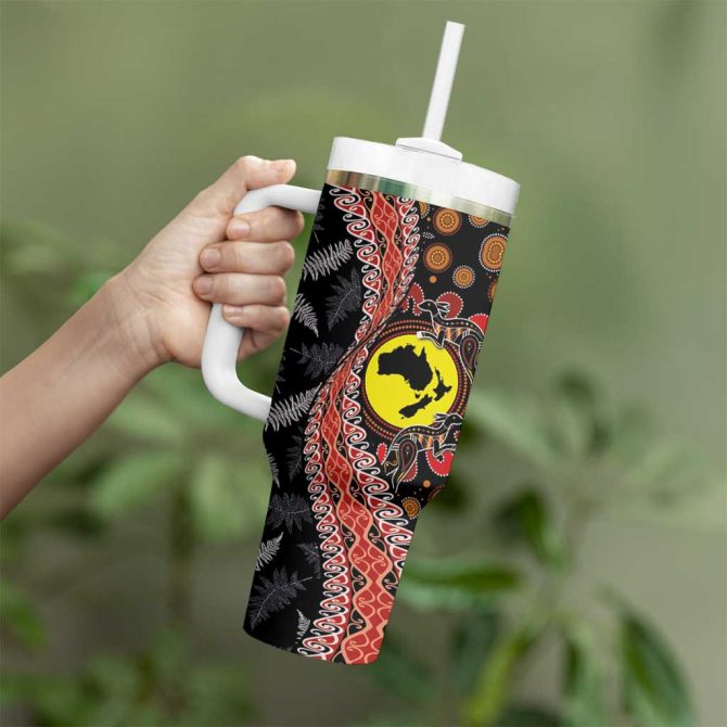 Aotearoa And Australia Maori Koru Ferns With Aboriginal Kangaroo Custom Stanley Quencher 40Oz Stainless Steel Tumbler With Handle - Image 3