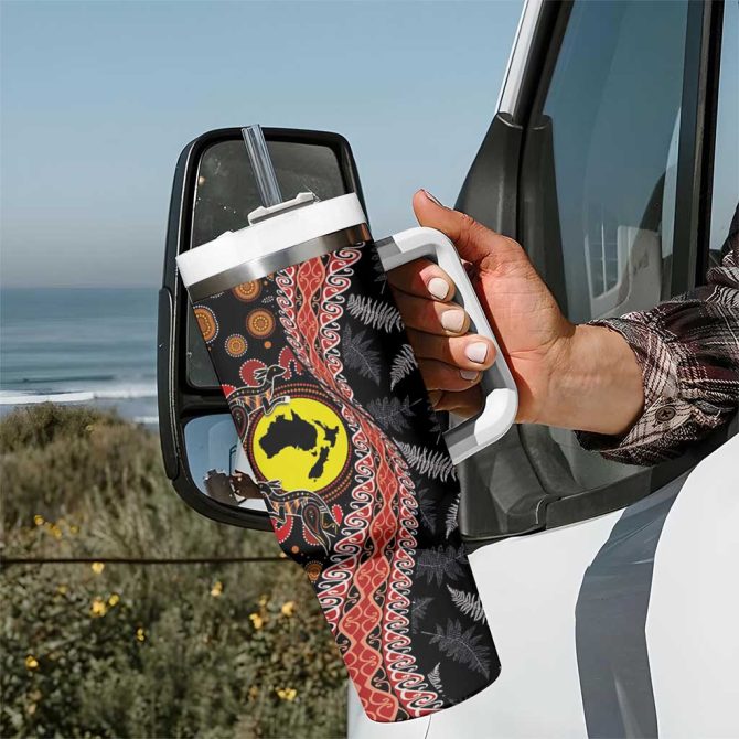 Aotearoa And Australia Maori Koru Ferns With Aboriginal Kangaroo Custom Stanley Quencher 40Oz Stainless Steel Tumbler With Handle - Image 7