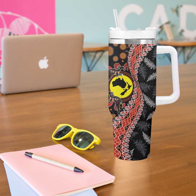 Aotearoa And Australia Maori Koru Ferns With Aboriginal Kangaroo Custom Stanley Quencher 40Oz Stainless Steel Tumbler With Handle - Image 5
