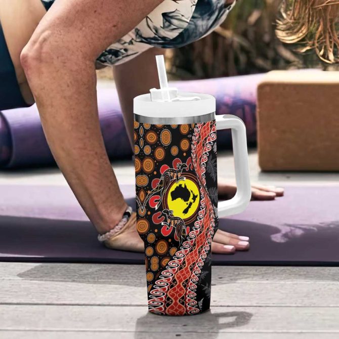 Aotearoa And Australia Maori Koru Ferns With Aboriginal Kangaroo Custom Stanley Quencher 40Oz Stainless Steel Tumbler With Handle - Image 6