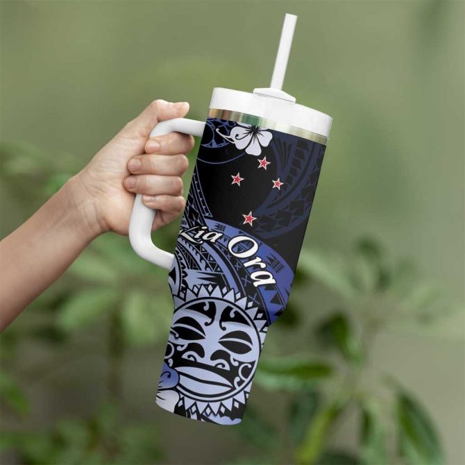 Aotearoa Kia Ora New Zealand Ta Moko Blue Custom Stanley Quencher 40Oz Stainless Steel Tumbler With Handle - Image 3