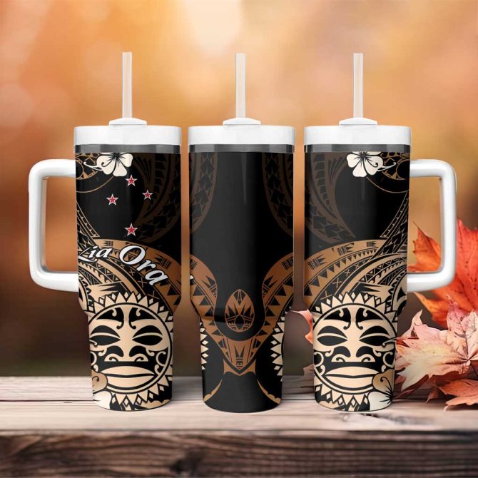 Aotearoa Kia Ora New Zealand Ta Moko Gold Custom Stanley Quencher 40Oz Stainless Steel Tumbler With Handle - Image 4