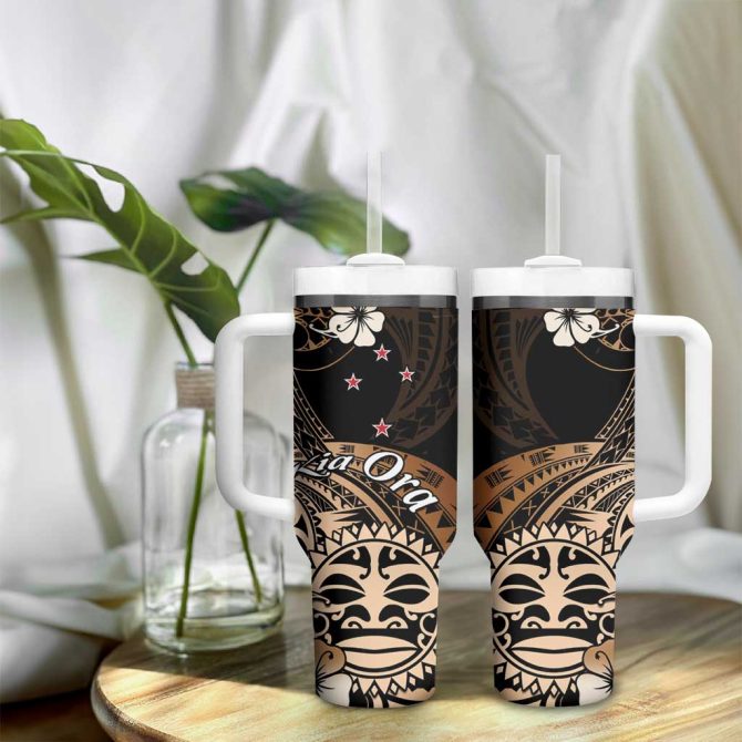 Aotearoa Kia Ora New Zealand Ta Moko Gold Custom Stanley Quencher 40Oz Stainless Steel Tumbler With Handle - Image 9